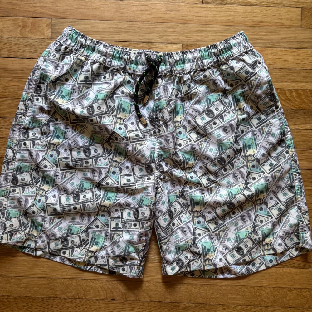 Luchiano Visconti Money Print Swim Trunks Mens L $100 6" Inseam Benjamin Graphic